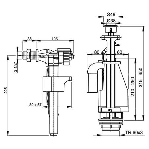 Арматура для унитаза 1/2 двойной смыв Alcaplast SA08 Арматура для унитаза 1/2 двойной смыв Alcaplast SA08