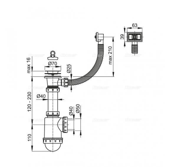 Сифон для мойки с нерж.реш.d70 с гофропереливом ALCAPLAST A444-DN50/40  Сифон для мойки с нерж.реш.d70 с гофропереливом ALCAPLAST A444-DN50/40