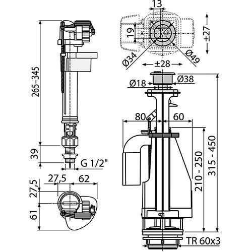 Арматура для унитаза 1/2 двойной смыв металл Alcaplast SA08SK Арматура для унитаза 1/2 двойной смыв металл Alcaplast SA08SK
