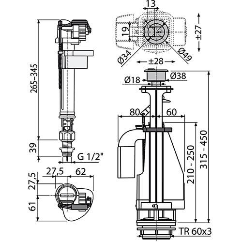 Арматура для унитаза 1/2 двойной смыв кнопка Alcaplast SA08S Арматура для унитаза 1/2 двойной смыв кнопка Alcaplast SA08S