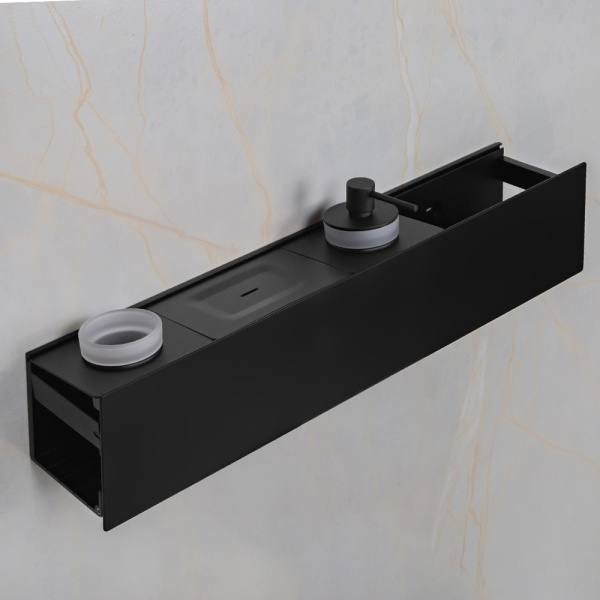 Полка AVS King, 65 см, черный матовый, с мыльницей, дозатором и стаканом Полка AVS King, 65 см, черный матовый, с мыльницей, дозатором и стаканом