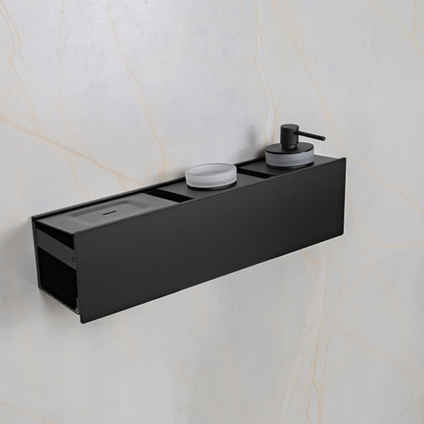 Полка AVS King, 45 см, черный матовый, с мыльницей, дозатором и стаканом Полка AVS King, 45 см, черный матовый, с мыльницей, дозатором и стаканом